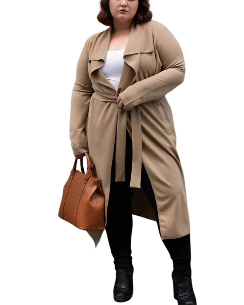 Front of a model wearing a size XL Evelyn Lux Soft Knit Long Cardigan in Beige by ANNICK. | dia_product_style_image_id:310260